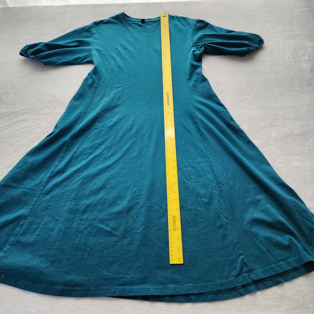 Uniqlo Puff Sleeve Midi Dress Womens Large Teal Cotton Knit Pockets Minimalist - Picture 11 of 13